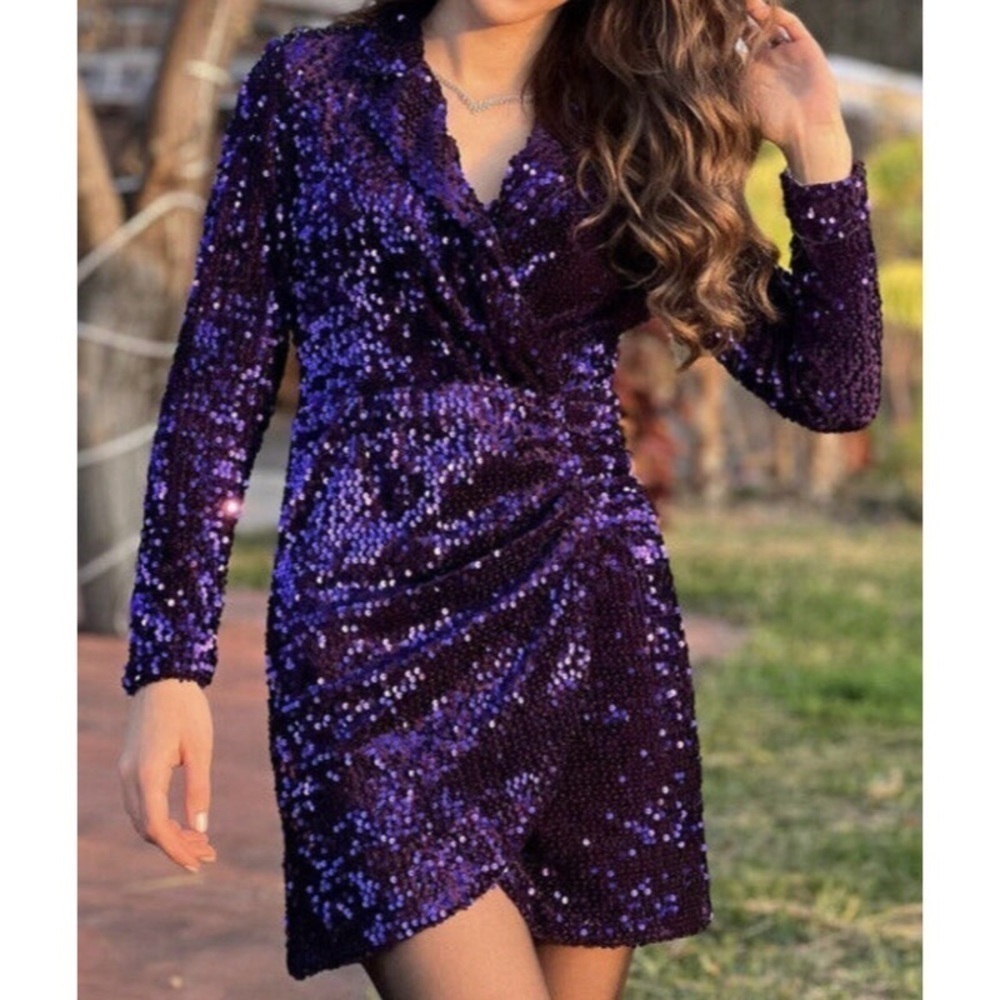 NEW ZARA Sequin Collar Blazer Mini Dress in Purple